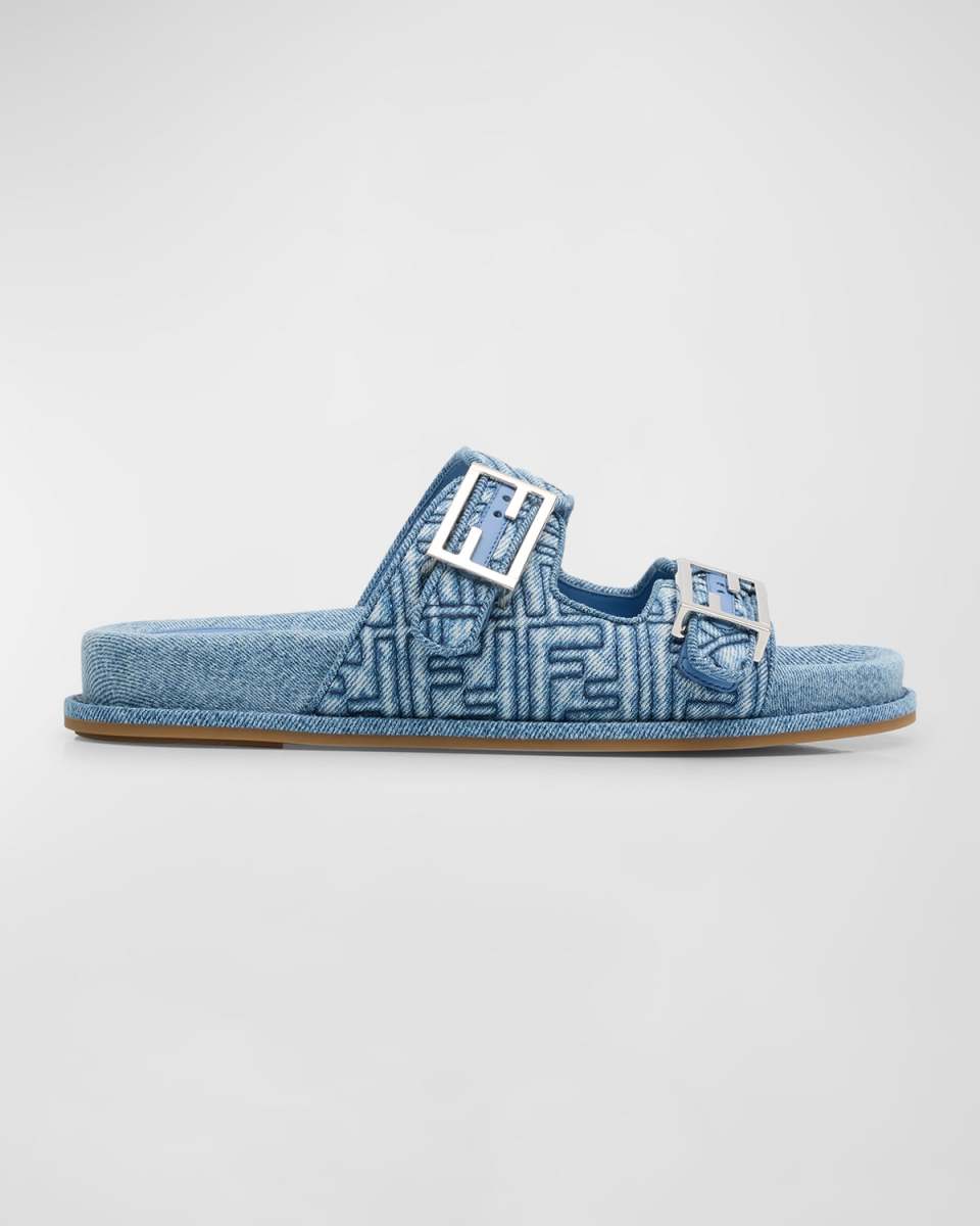 FF Embroidered Denim Dual Buckle Slide Sandals